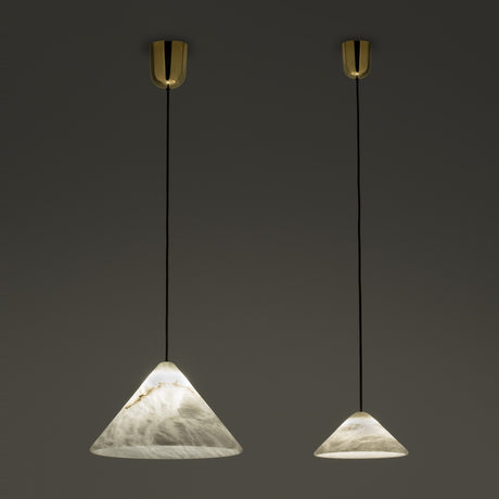 Fuji LED Alabaster Pendant Light in two cone sizes with polished brass ceiling canopies and black cords, shown illuminated against a dark background.
