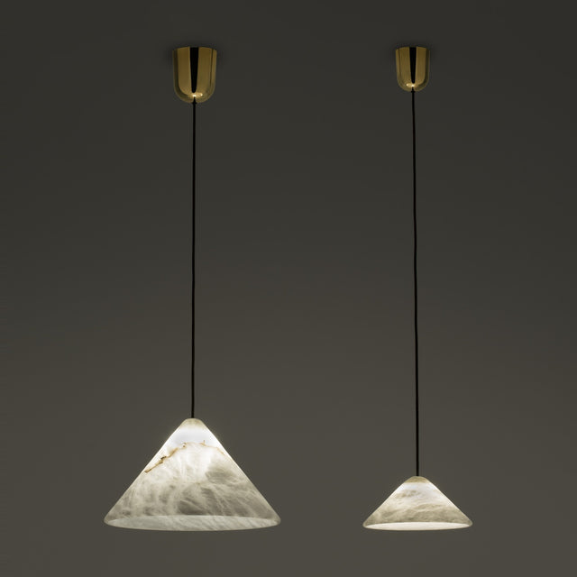 Fuji LED Alabaster Pendant Light in two cone sizes with polished brass ceiling canopies and black cords, shown illuminated against a dark background.