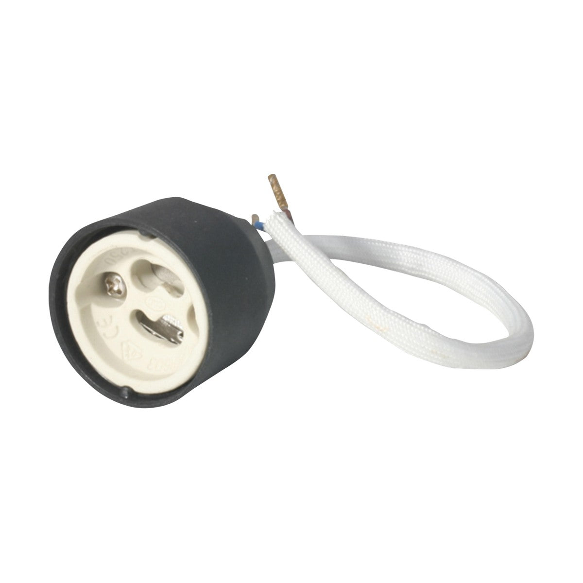 Introducing the GU10 Lampholder With Silicon Cable - 260mm: This black and white lamp holder socket is designed with exposed wires, making it ready for installation. It features a closed end with metal contacts and a hole for bulb connection, supporting a maximum wattage of 50W. The lampholder includes a silicon impregnated cable extending outward for enhanced insulation.