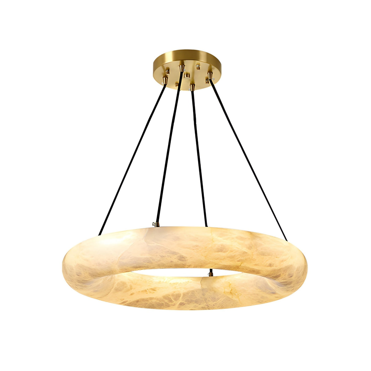 The Calviro LED Small Ring Alabaster Chandelier - Soft White features a modern circular design with a gold ceiling mount, four black suspension cables, and a glowing translucent marble-like ring.