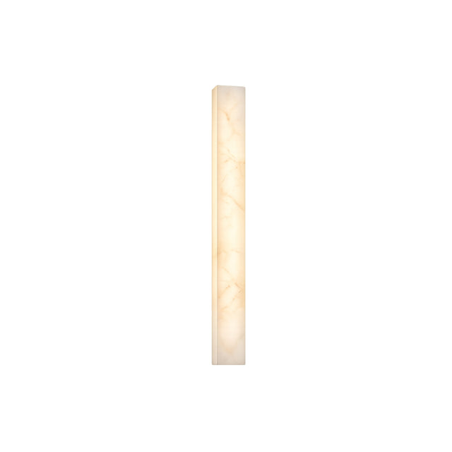 The Aureline LED Small Sculpted Column Alabaster Wall Light features a vertical, rectangular design in soft white with a marbled finish and subtle brass accents, shown mounted on a plain white background.