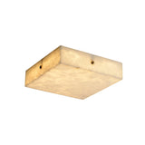 The Cadris LED Medium Square Alabaster Flush Ceiling Light in Soft White and Brushed Brass offers a warm glow and a marbled, translucent finish.