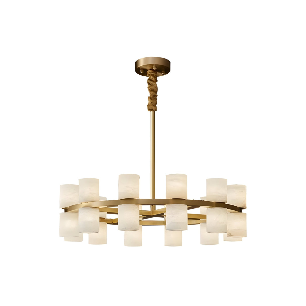The Valenro 20 Light Cylindrical Alabaster Chandelier in soft white and brass features a sleek ring for a modern, elegant look.