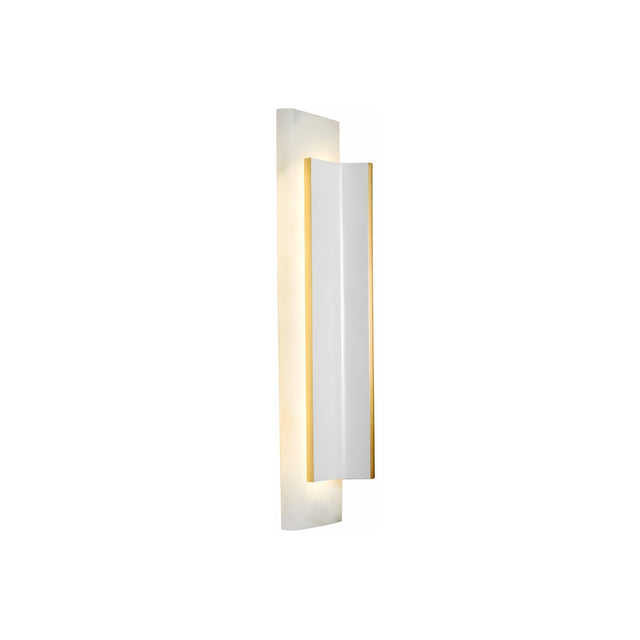 The Velorin LED Small Compact Alabaster Wall Light features a rectangular soft white front with brass edges, set on a frosted backplate that emits a gentle, diffuse glow.