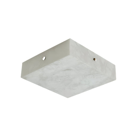 The Cadris LED Medium Square Alabaster Flush Ceiling Light in soft white and brushed brass features a marble-textured, light gray canopy with a smooth finish and small round holes on each side for mounting.