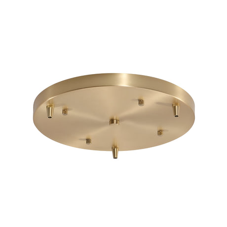 The Nalyra 50cm Round Canopy in natural brass features six evenly spaced attachment points and a central protrusion, making it ideal for mounting multiple light fixtures.
