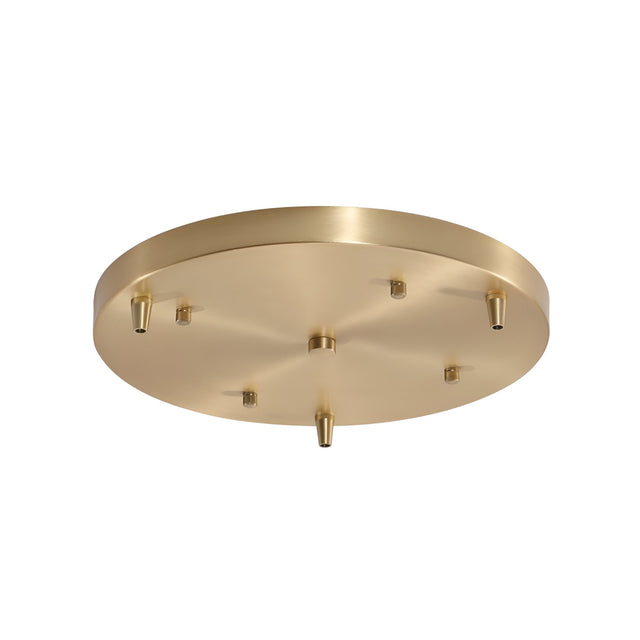 The Nalyra 50cm Round Canopy in natural brass features six evenly spaced attachment points and a central protrusion, making it ideal for mounting multiple light fixtures.