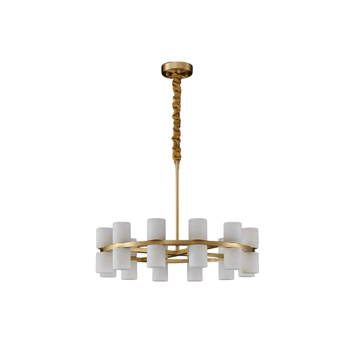 The Valenro 20 Light Cylindrical Alabaster Chandelier features a brass ring frame with twenty soft white lampshades, suspended by a gold rod wrapped in a decorative accent. Shown against a plain white background.
