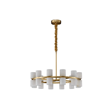 The Valenro 20 Light Cylindrical Alabaster Chandelier features a brass ring frame with twenty soft white lampshades, suspended by a gold rod wrapped in a decorative accent. Shown against a plain white background.