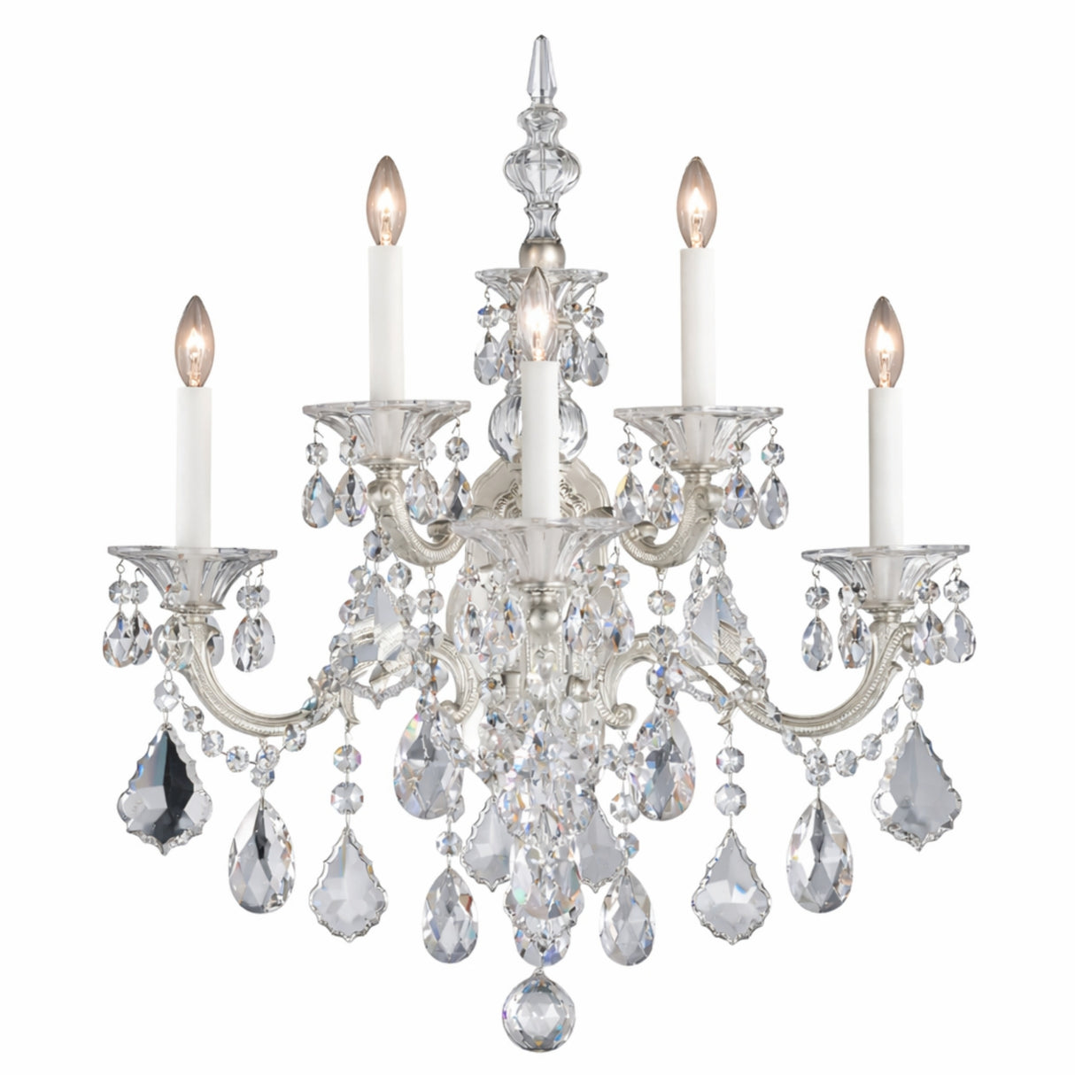 The Vienna 5 Light K9 Crystal Chandelier features five candle-style arms, ornate silver accents, and teardrop-shaped K9 crystal pendants, all beautifully illuminated for a sparkling effect.
