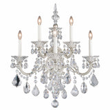 The Vienna 5 Light K9 Crystal Chandelier features five candle-style arms, ornate silver accents, and teardrop-shaped K9 crystal pendants, all beautifully illuminated for a sparkling effect.