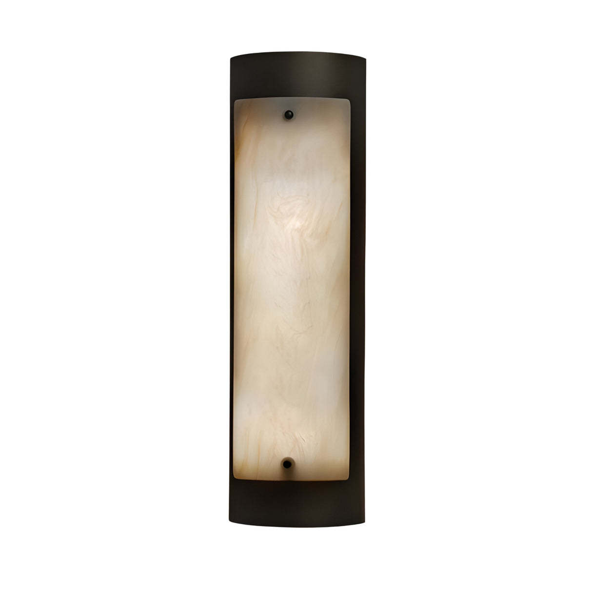 The Elantra LED Large Vertical Alabaster Wall Light in Soft White & Black features a rectangular frosted glass shade and dark metal frame, shown against a white background.