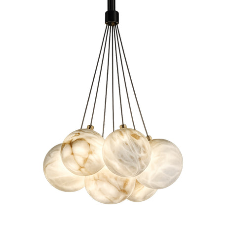 The Auriel 7 Light Alabaster Chandelier in Soft White & Black features seven Spanish alabaster-inspired glass globes clustered together, suspended by black rods from a central fixture for a modern look.