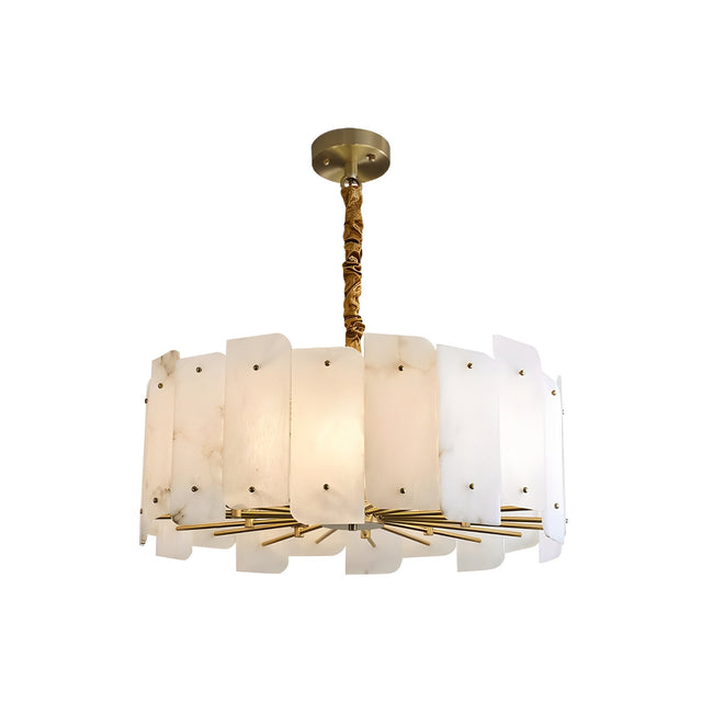 The Caldrin 6 Light Tiered Panel Alabaster Chandelier features a circular brass frame with overlapping soft white alabaster panels, suspended by a twisted brass rod from the ceiling mount for a contemporary look.
