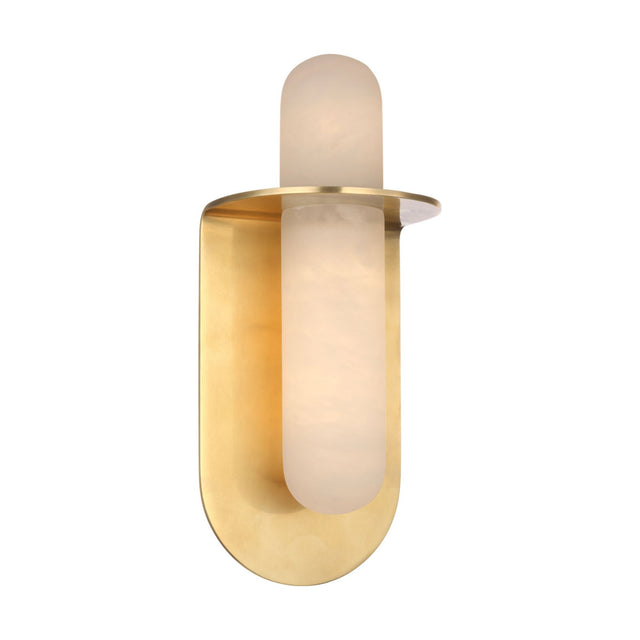 The Luneth LED Large Alabaster Wall Light features a brushed brass, rounded rectangular base and soft white frosted cylindrical glass, paired with a circular plate for an elegant, modern look.