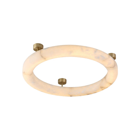 The Orbis Small LED Alabaster Semi-Flush Ceiling Light – Soft White features a round, marble-like design with a circular translucent frame and three brass brackets, shown against a white background.
