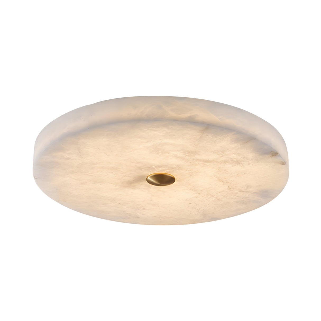 The Aleron LED Medium Round Alabaster Flush Ceiling Light features a frosted, marble-like surface and a brushed brass center accent, offering soft white illumination perfect for ceiling flush mounting.