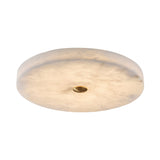 The Aleron LED Medium Round Alabaster Flush Ceiling Light features a frosted, marble-like surface and a brushed brass center accent, offering soft white illumination perfect for ceiling flush mounting.