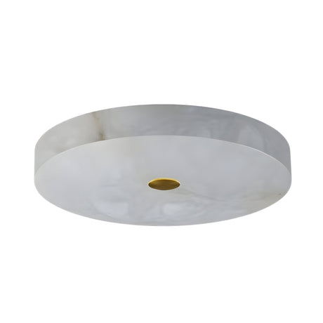 The Aleron LED Medium Round Alabaster Flush Ceiling Light features soft white alabaster with a marbled look and a brushed brass center accent, offering a modern, elegant lighting solution for your ceiling.