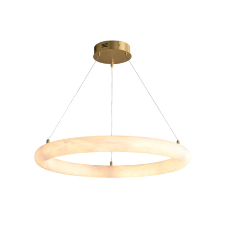 The Seraphis LED Small Alabaster Chandelier - Soft White features a glowing frosted Spanish alabaster ring, suspended by three slim wires from a round brushed gold ceiling mount.