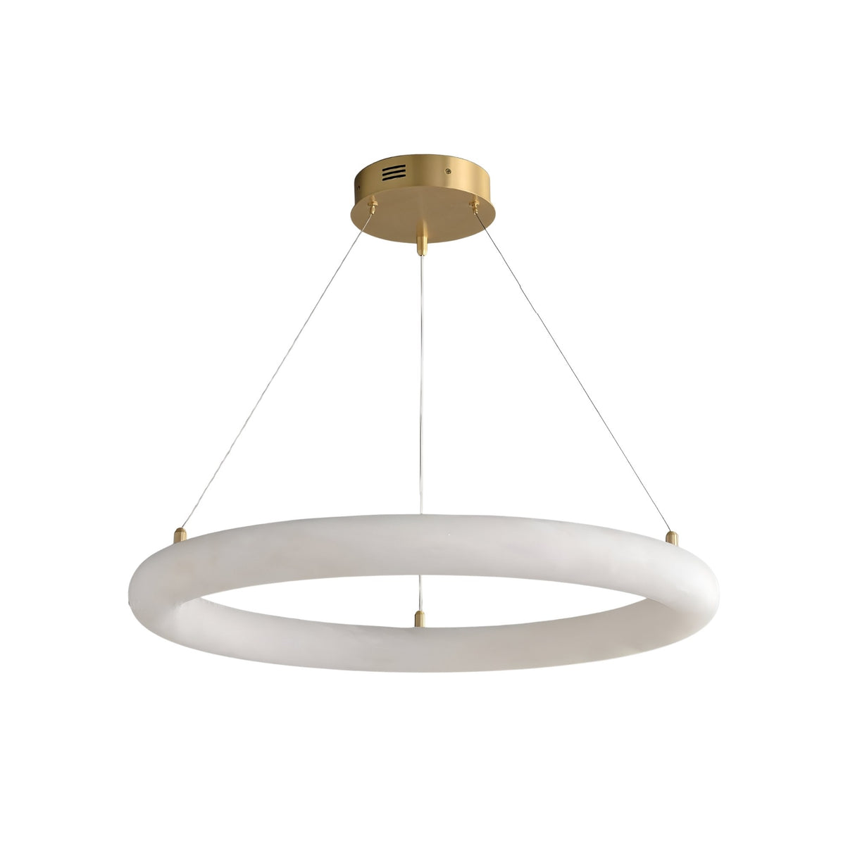 The Seraphis LED Small Alabaster Chandelier - Soft White features a modern gold ceiling mount, three slim suspension wires, and a white ring-shaped alabaster LED light for elegant illumination.