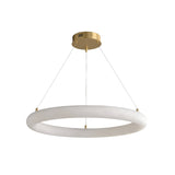 The Seraphis LED Small Alabaster Chandelier - Soft White features a modern gold ceiling mount, three slim suspension wires, and a white ring-shaped alabaster LED light for elegant illumination.