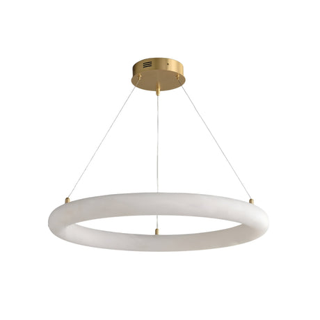 The Seraphis LED Small Alabaster Chandelier - Soft White features a modern gold ceiling mount, three slim suspension wires, and a white ring-shaped alabaster LED light for elegant illumination.