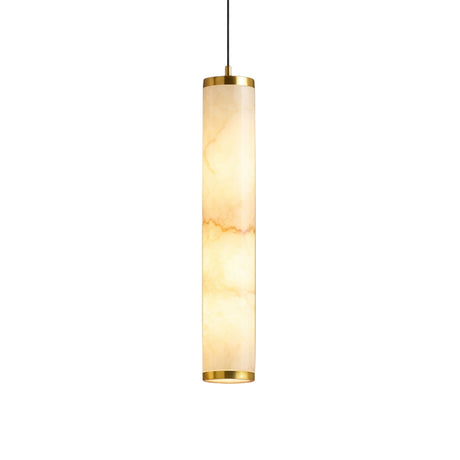The Oria LED Medium Alabaster Single Pendant Light features a cylindrical soft white alabaster shade with brushed brass accents and is suspended by a thin black cord, creating a warm glow against a white background.