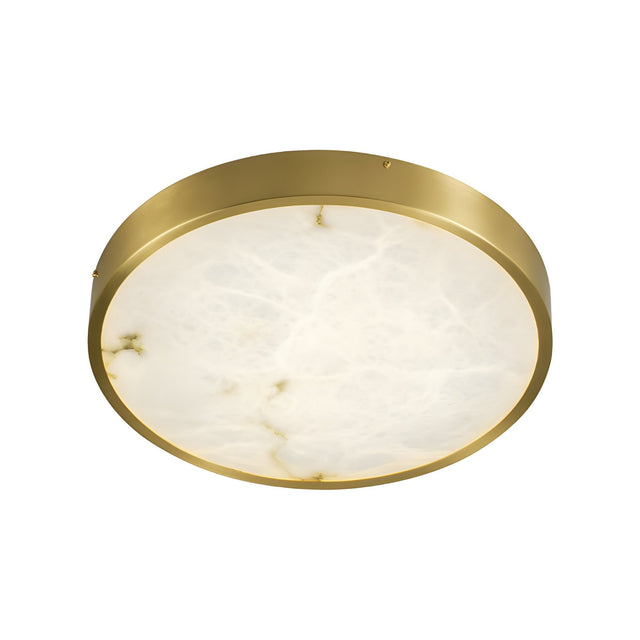 The Bravion LED Large Round Alabaster Flush Ceiling Light features a brushed brass frame and a white, marble-like diffuser with subtle brown veining, emitting a soft, even glow in any room.