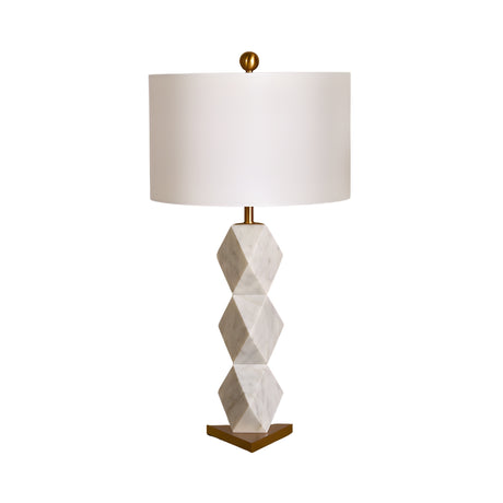 The Zerava 1 Light Faceted Marble Table Lamp in White & Brass features a geometric marble base, round white shade, and brass accents for elegant style—perfect for any space. Shown against a clean white background.