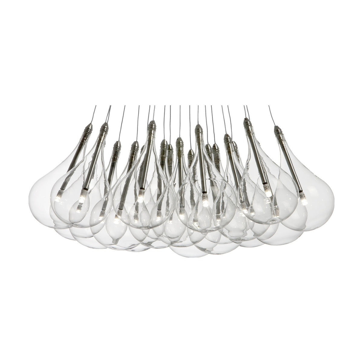 Yarvelle 19 Light Glass Pendant Light in chrome, a cluster of clear glass teardrops with slim chrome stems and G4 lamps, shown on a plain white background.