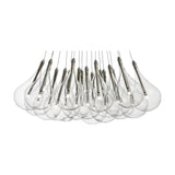 Yarvelle 19 Light Glass Pendant Light in chrome, a cluster of clear glass teardrops with slim chrome stems and G4 lamps, shown on a plain white background.