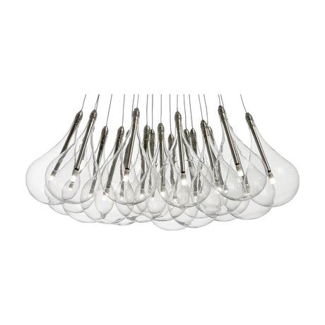 Yarvelle 19 Light Glass Pendant Light in chrome, a cluster of clear glass teardrops with slim chrome stems and G4 lamps, shown on a plain white background.