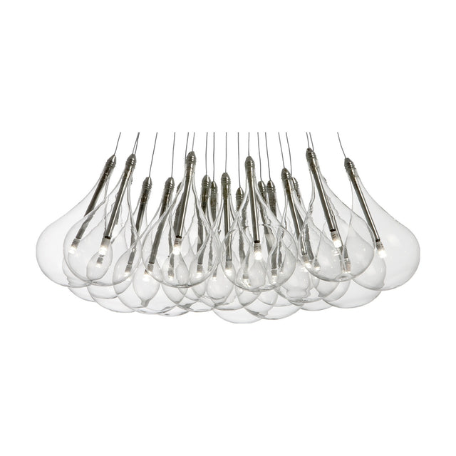 Yarvelle 19 Light Glass Pendant Light in chrome, a cluster of clear glass teardrops with slim chrome stems and G4 lamps, shown on a plain white background.