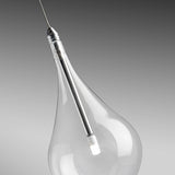 Close-up of one clear glass teardrop shade from the Yarvelle 19 Light Glass Pendant, showing a slim chrome stem and G4 lamp inside, against a grey background.