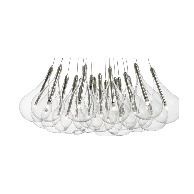 Yarvelle 19 Light Glass Pendant Light: cluster of clear teardrop-shaped glass shades on fine wires with chrome holders and G4 bulbs, chrome finish, shown on a white background.