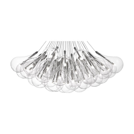 Yarvelle 37 Light Glass Pendant Light in Chrome, featuring clustered clear glass teardrops on fine cables with chrome tube fittings, shown against a plain white background.