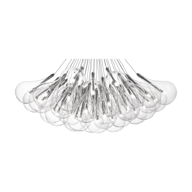 Yarvelle 37 Light Glass Pendant Light in Chrome, featuring clustered clear glass teardrops on fine cables with chrome tube fittings, shown against a plain white background.