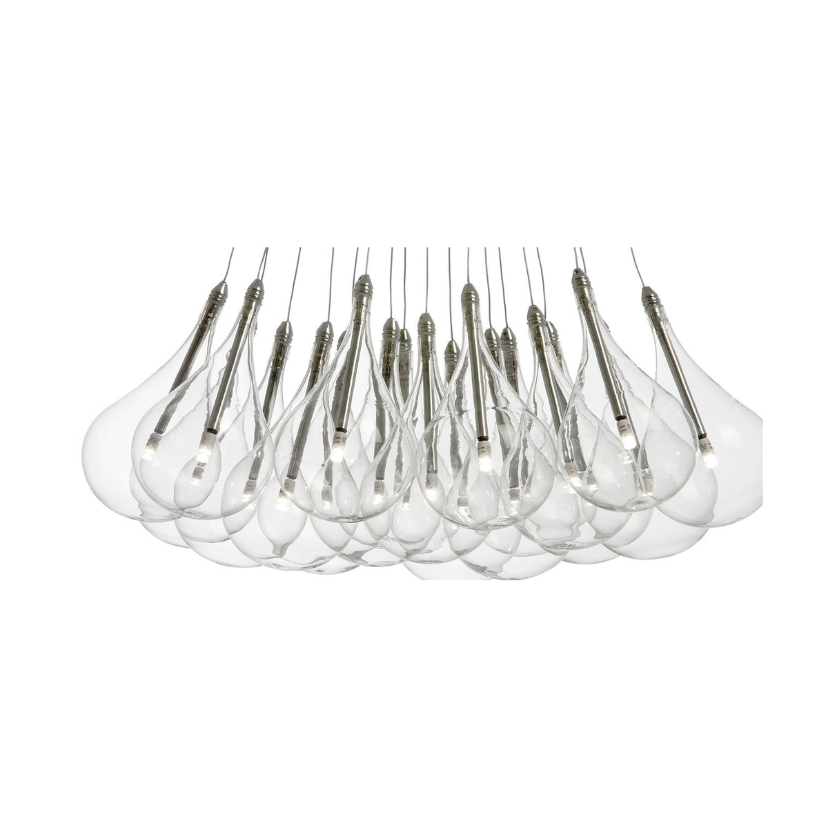 Yarvelle 37 Light Glass Pendant Light in chrome, a cluster of clear glass teardrop shades with slim internal tubes on fine cables, shown against a plain white background.