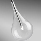 Yarvelle pendant light detail showing a clear glass teardrop shade with internal chrome tube and LED, photographed against a plain grey background.