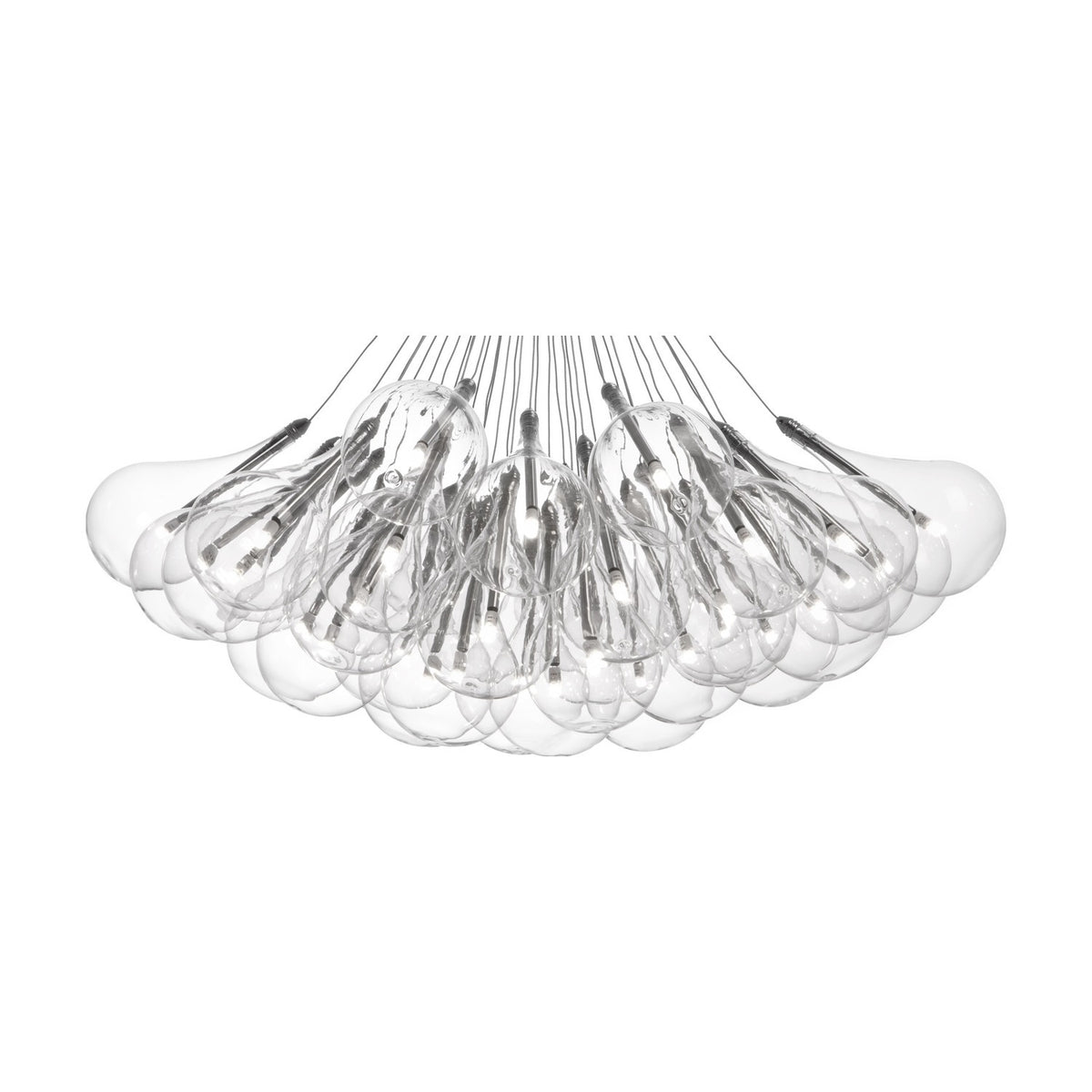 Yarvelle 37 Light Glass Pendant Light with 70cm Drop in chrome, clustered clear glass teardrop globes on fine cables with chrome holders, shown on a plain white background.