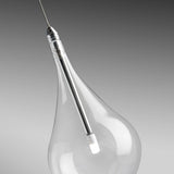 Close-up of a Yarvelle pendant light glass teardrop globe with chrome holder and LED chip inside, suspended on a fine cable against a grey background.