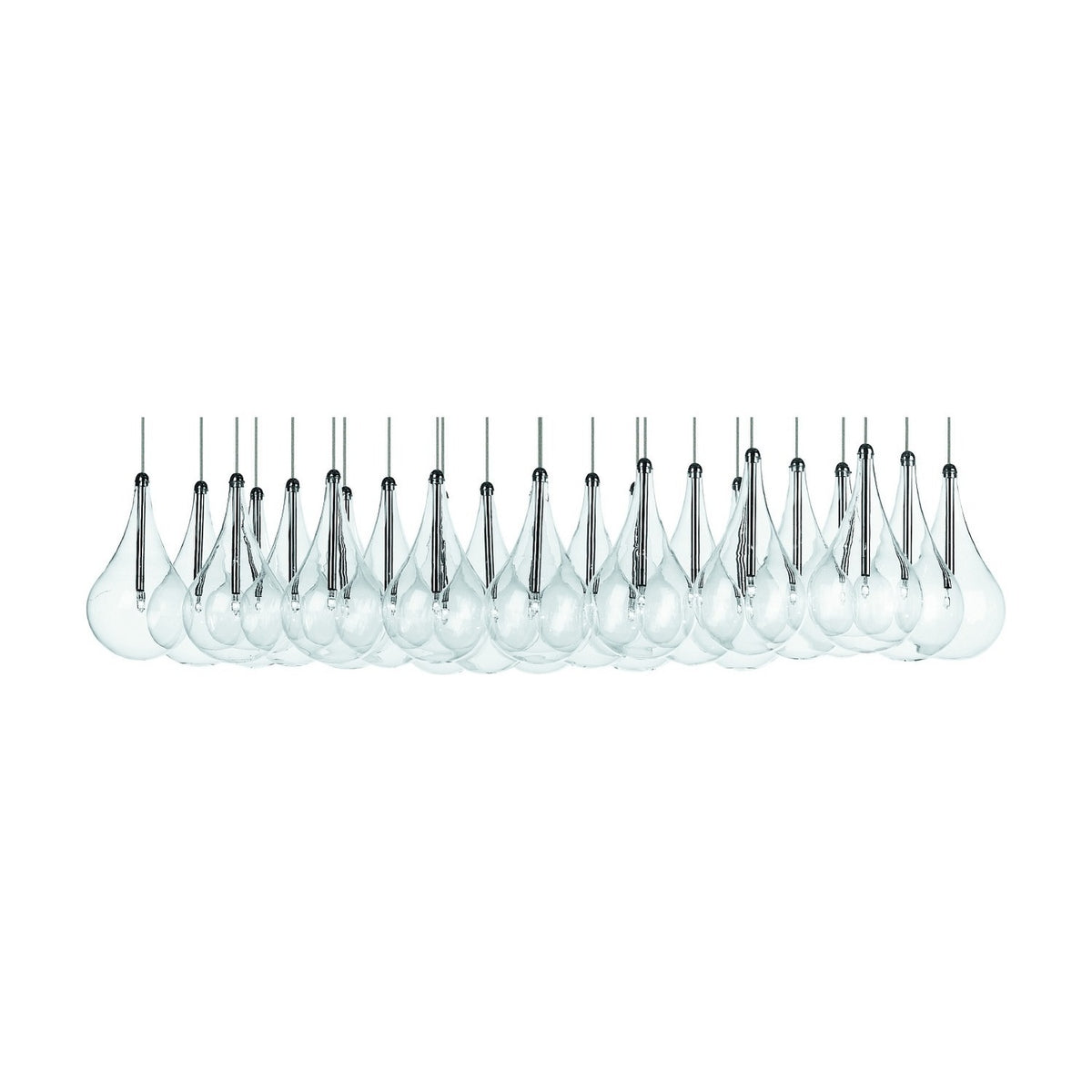 Yarvelle 24 Light Glass Pendant Light in Chrome, a linear row of clear teardrop glass shades with slim chrome stems, shown against a plain white background.