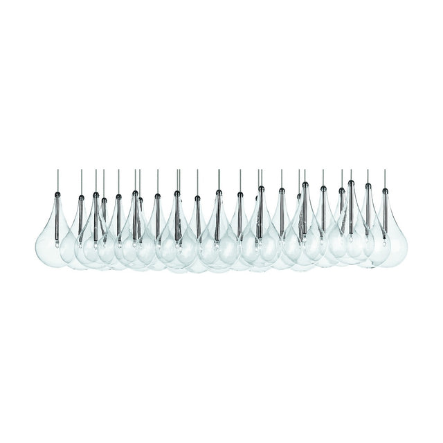 Yarvelle 24 Light Glass Pendant Light in Chrome, a linear row of clear teardrop glass shades with slim chrome stems, shown against a plain white background.