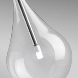 Close-up of a Yarvelle pendant light clear glass teardrop shade with internal chrome stem and small lamp, set against a light grey background.