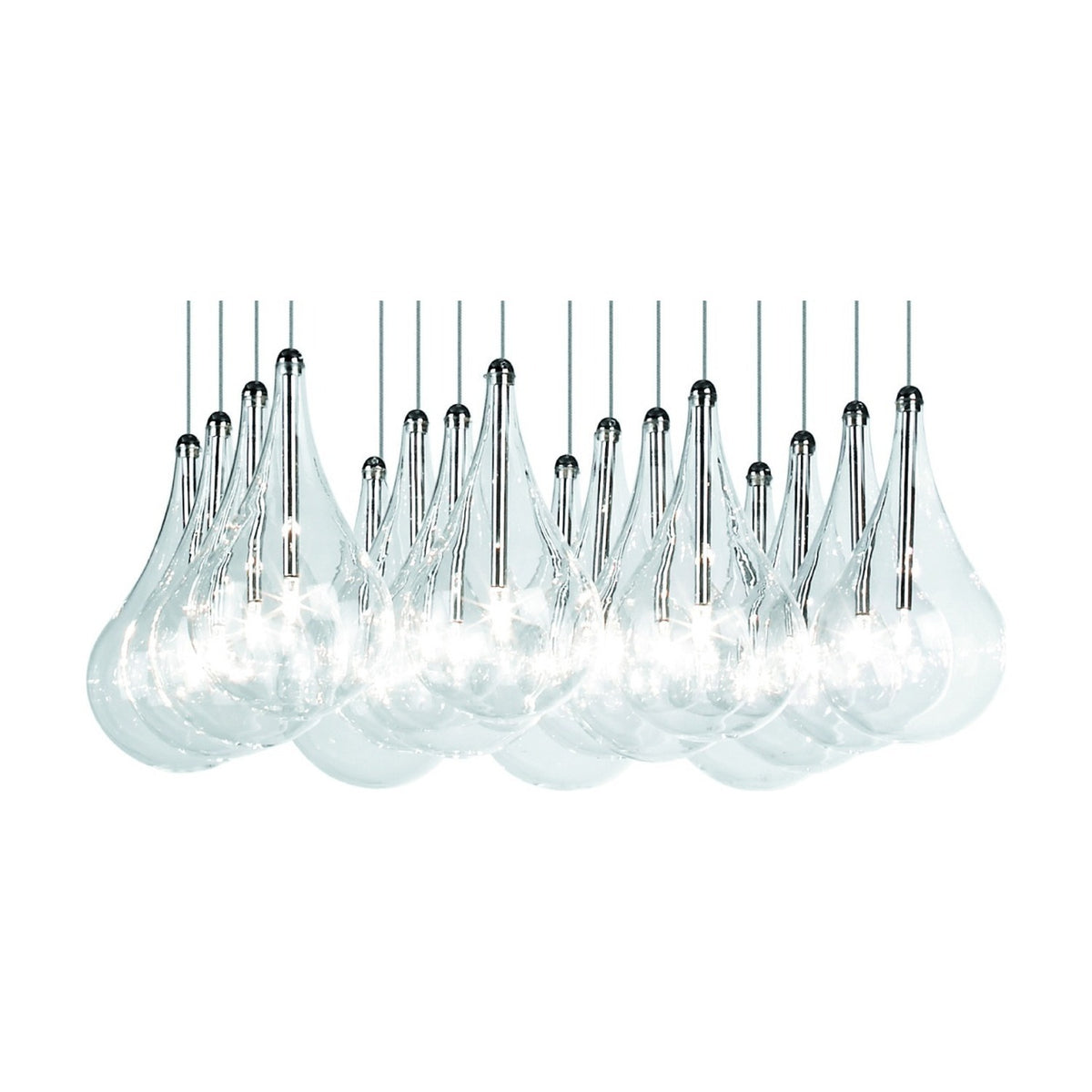 Yarvelle 16 Light Glass Pendant Light in chrome, featuring clustered clear glass teardrop shades with chrome caps and stems on individual cables, shown on a plain white background.