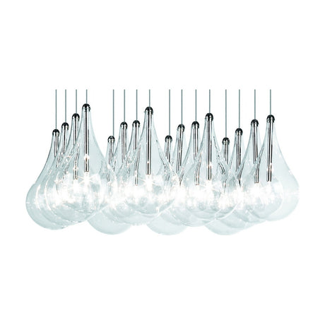 Yarvelle 16 Light Glass Pendant Light in chrome, featuring clustered clear glass teardrop shades with chrome caps and stems on individual cables, shown on a plain white background.