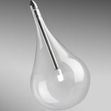 Close-up of a single clear glass teardrop shade from the Yarvelle 16 light pendant, with chrome cap and slim internal stem, set against a plain grey background.
