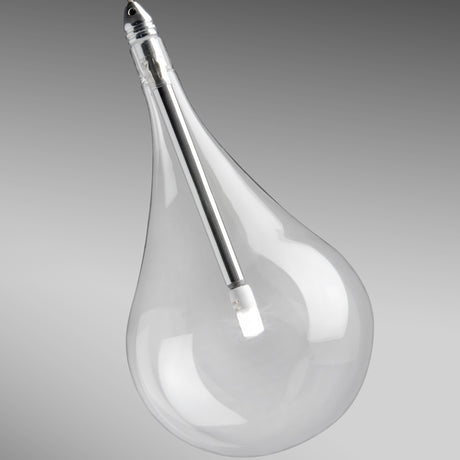 Close-up of a single clear glass teardrop shade from the Yarvelle 16 light pendant, with chrome cap and slim internal stem, set against a plain grey background.
