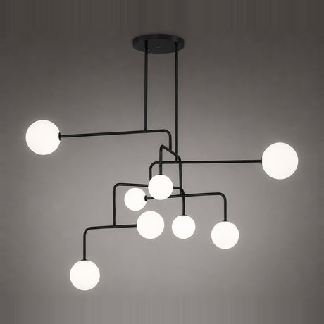 Lumorne 8-Light Glass Globe Chandelier with textured black metal rods branching asymmetrically from a round ceiling plate, each ending in a different-sized opal glass globe.